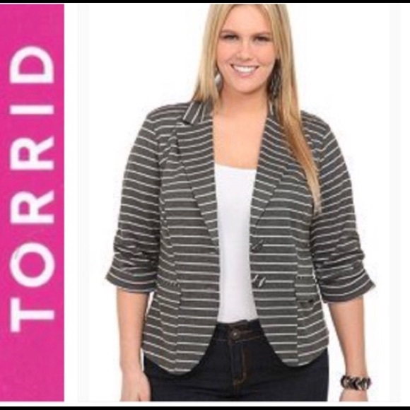 torrid Jackets & Blazers - Torrid Gray and White Buttoned Stripe Blazer 2X